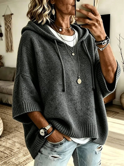 Women New Loose Batwing Short‑Sleeve Hooded Drawstring Knit Sweater