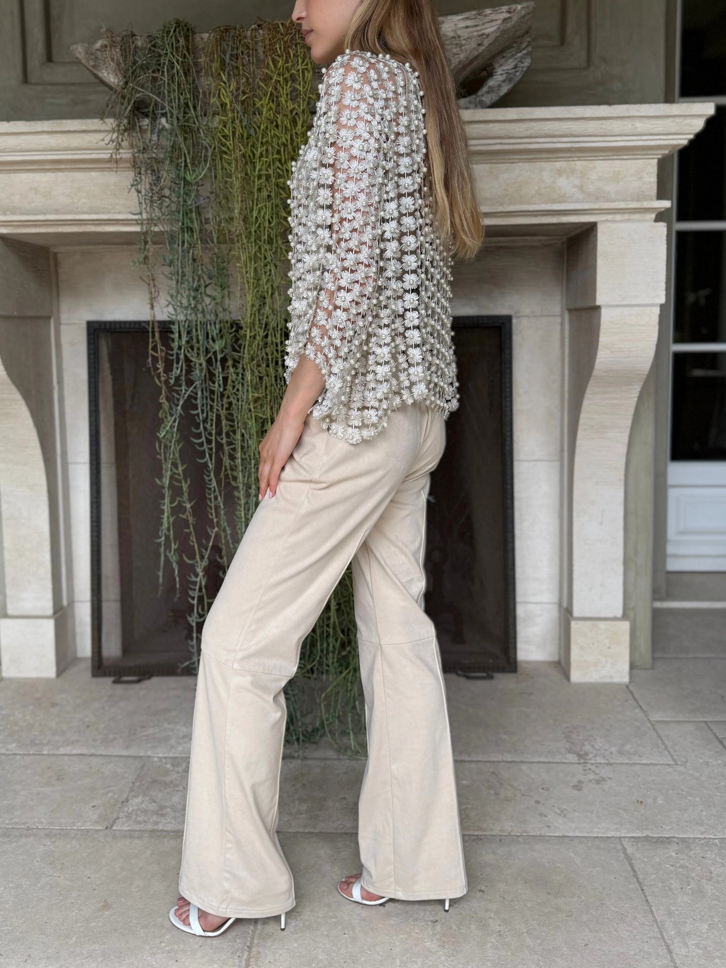 HOT SALE Women's Beaded Floral Cutout Long Sleeve Top Coverup