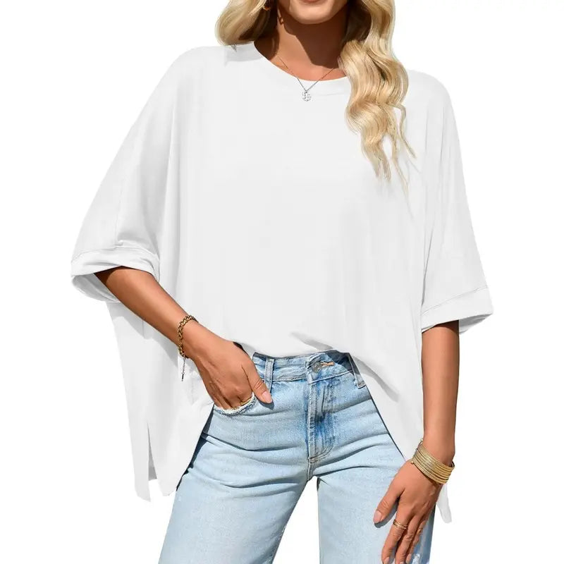 Women Batwing Sleeve Oversized Tee, Asymmetric Hem Casual Top