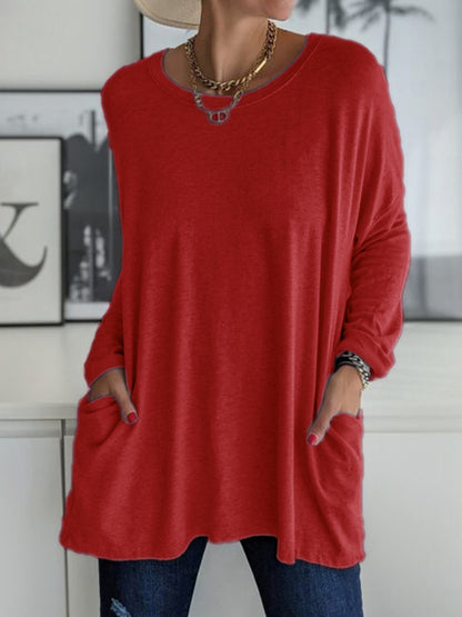 ⏰HOT SALE-Round Neck Long Sleeve Loose Pocket Solid T-Shirt