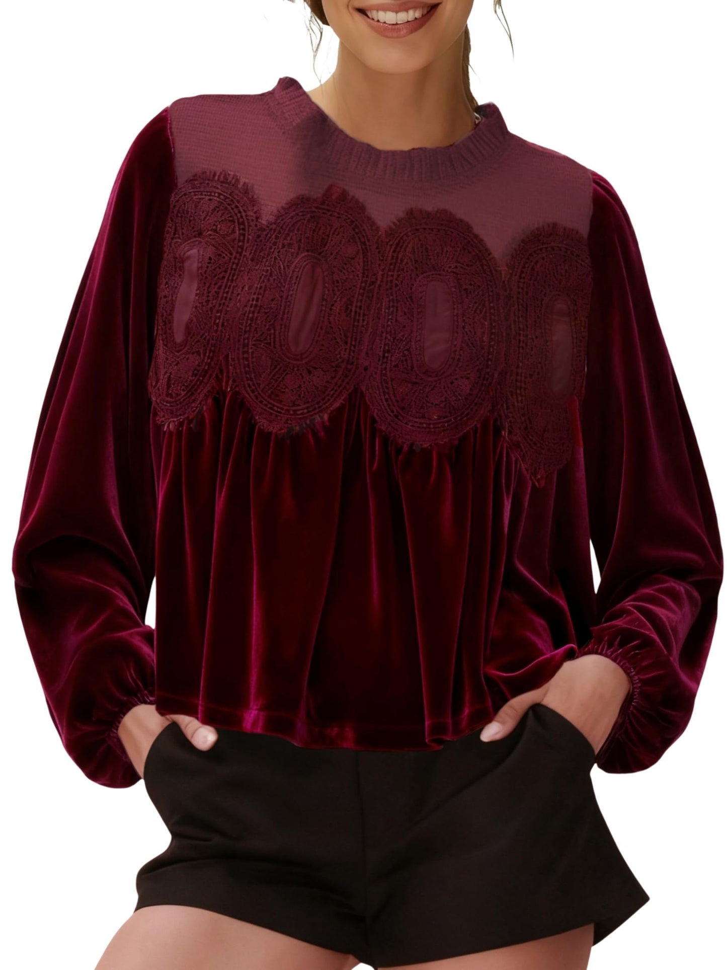 ⏰Hot Sale-Women's Long Sleeve Velvet Trim Lace Blouse Elegant Flared Swing Top