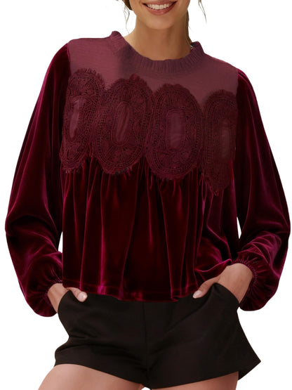 ⏰Hot Sale-Women's Long Sleeve Velvet Trim Lace Blouse Elegant Flared Swing Top