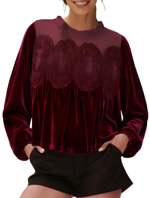 ⏰Hot Sale-Women's Long Sleeve Velvet Trim Lace Blouse Elegant Flared Swing Top