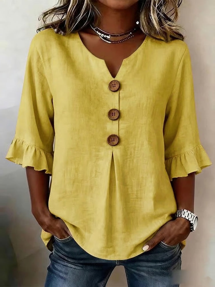 Women's V-Neck Wood Button Ruffle Sleeve Blouse