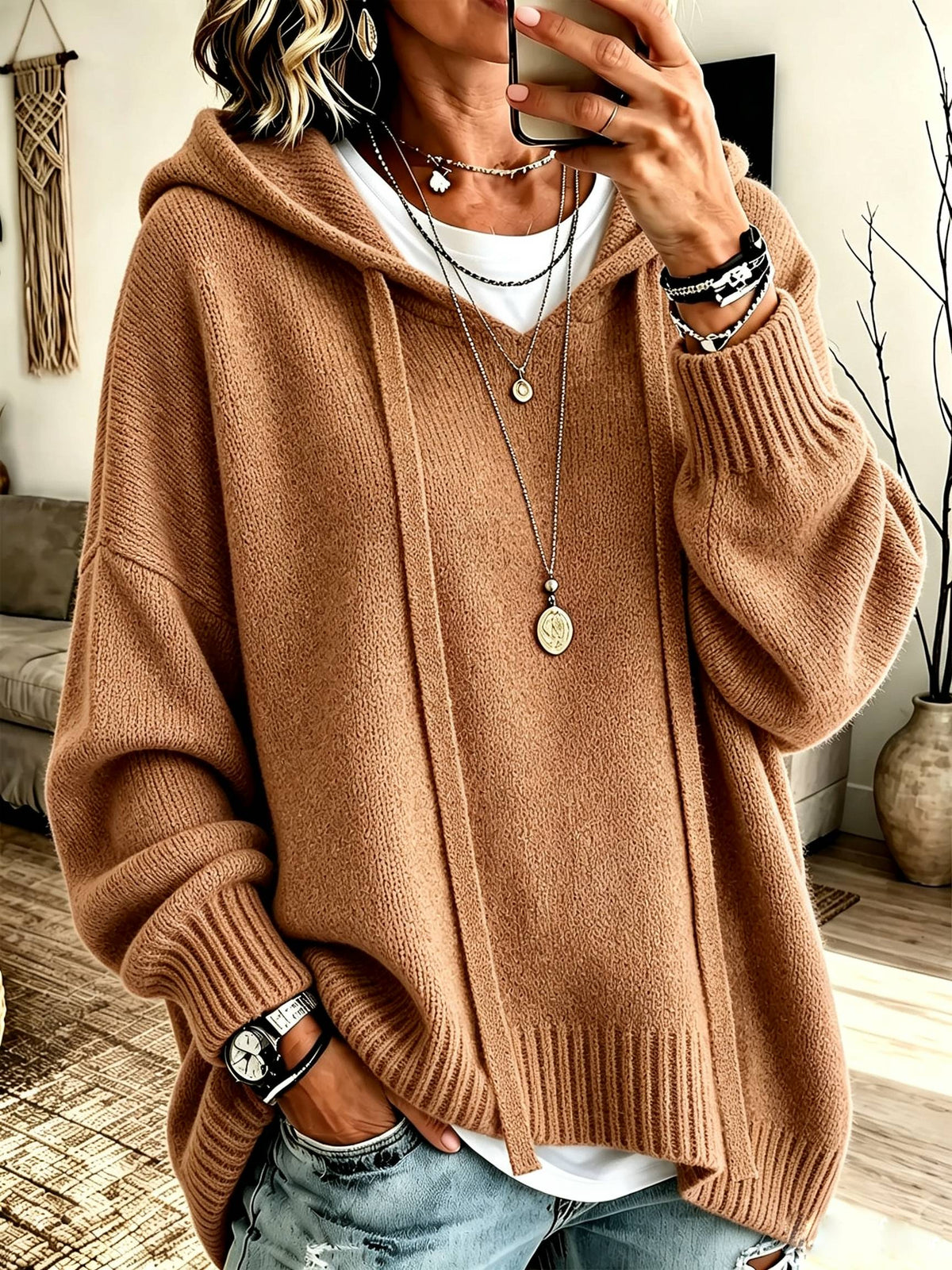 Vintage Oversized Casual Dropped Shoulder Lantern Sleeve Hooded Sweater