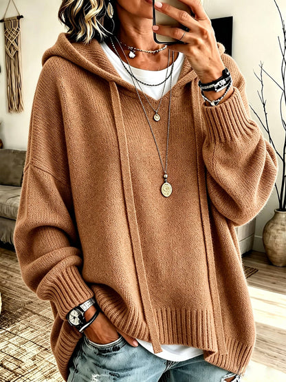Vintage Oversized Casual Dropped Shoulder Lantern Sleeve Hooded Sweater
