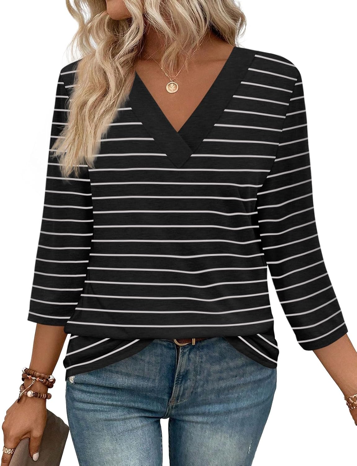 ✨Women's Trendy V Neck 3/4 Long Sleeve Tops Loose Fit Blouse