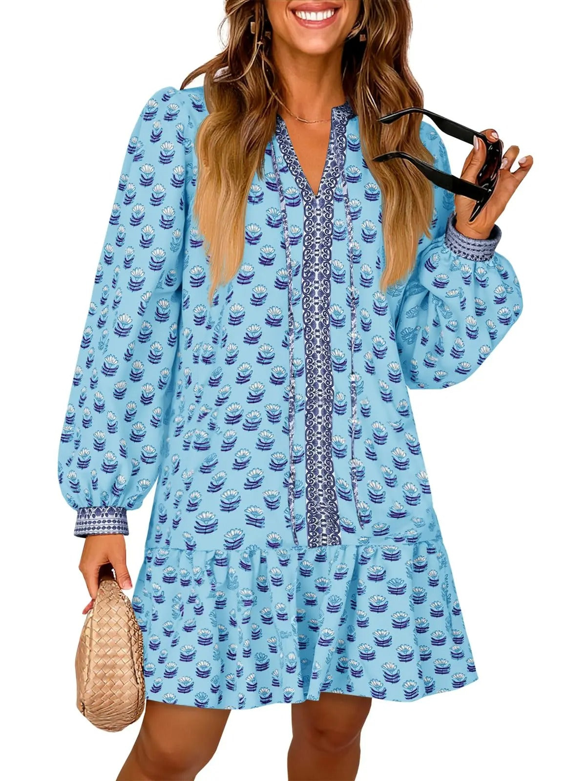 Floral V Neck Babydoll Dress with Pockets