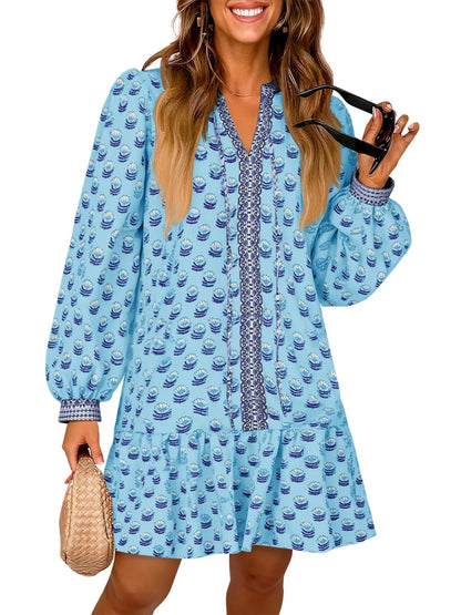 Floral V Neck Babydoll Dress with Pockets