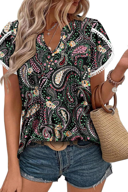 ✨Women's Cute Fringe Cuff Casual Short Sleeve Printed & Solid Tops