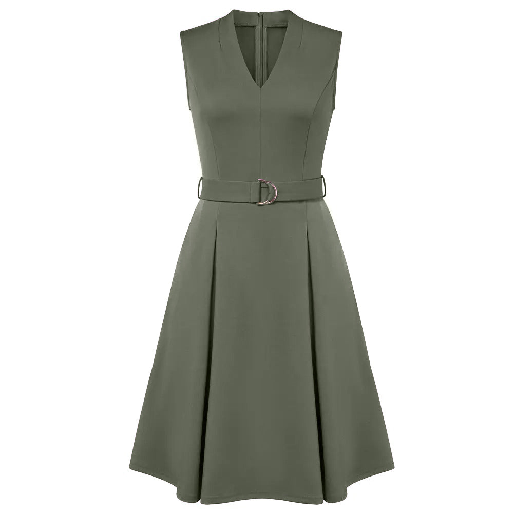 Women's Sleeveless V-Neck A-Line Dress with Belt