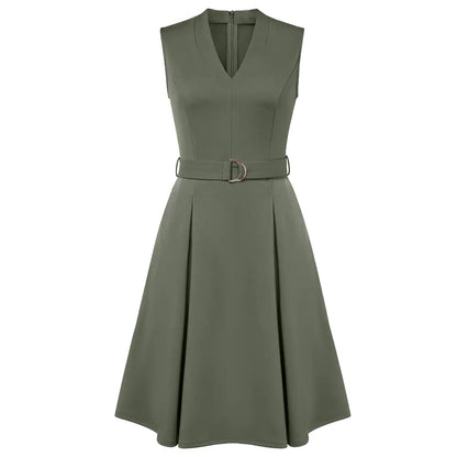 Women's Sleeveless V-Neck A-Line Dress with Belt