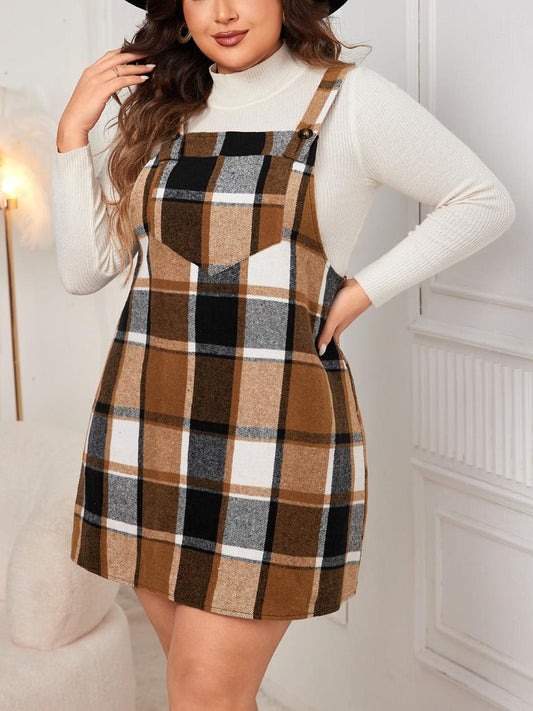 Plus Size Plaid Print Pocket Pinafore Dress