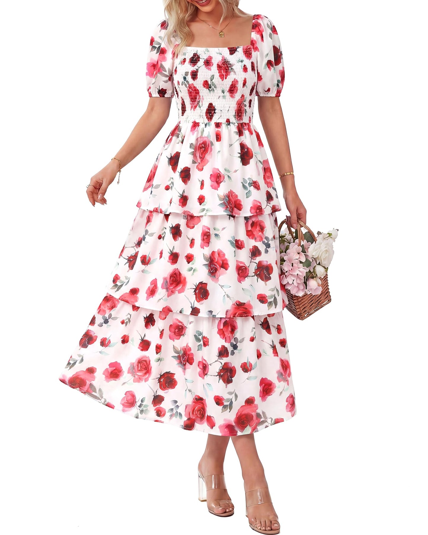 Limited time sale🔥Women's Floral Square Neck Puff Short Sleeve Smocked Tiered Dress