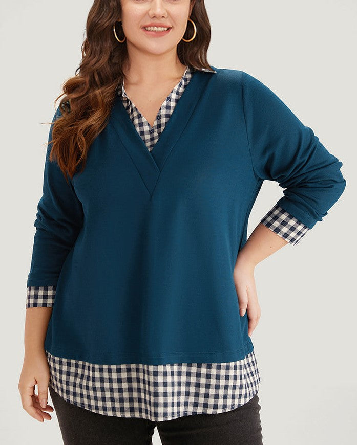 Plaid patchwork shirt V-neck curved hem sweatshirt