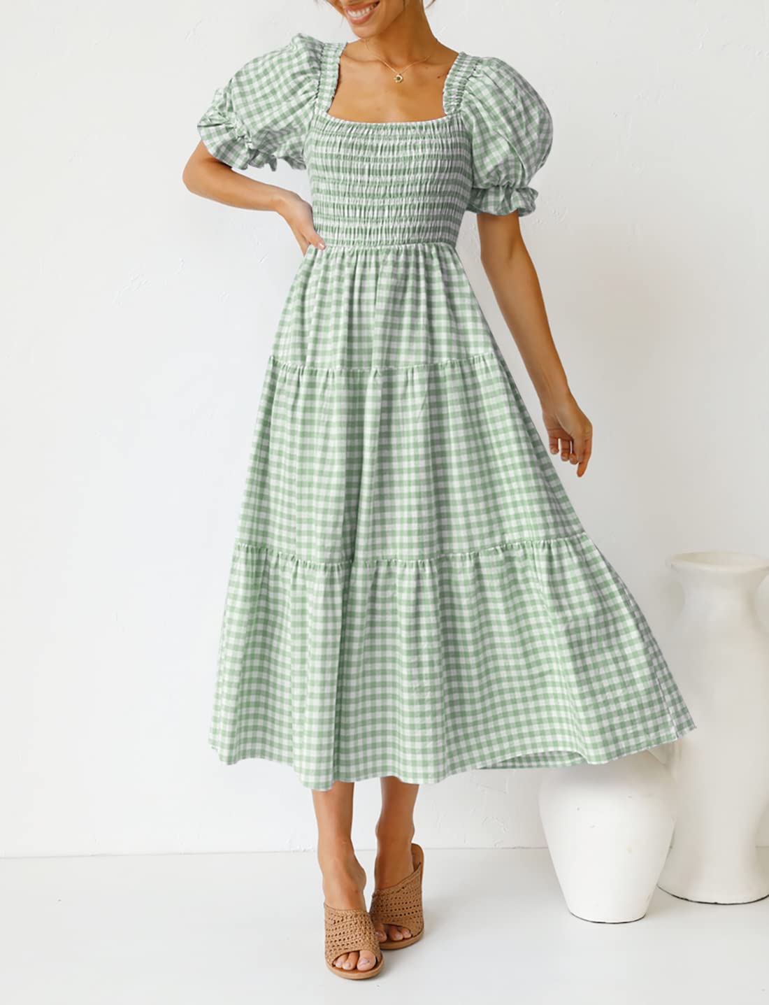 ✨Women's 2025 Summer Plaid Tiered Square Neck Puff Sleeve Ruffle Flowy Midi Dress