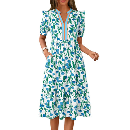Women's Summer Midi Dress Casual Floral Puff Short Sleeve V Neck Swing