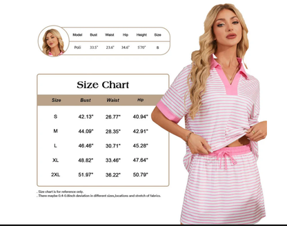 Women's Striped V-Neck Polo Top & Built-in Short Skort 2 Piece Lounge Set