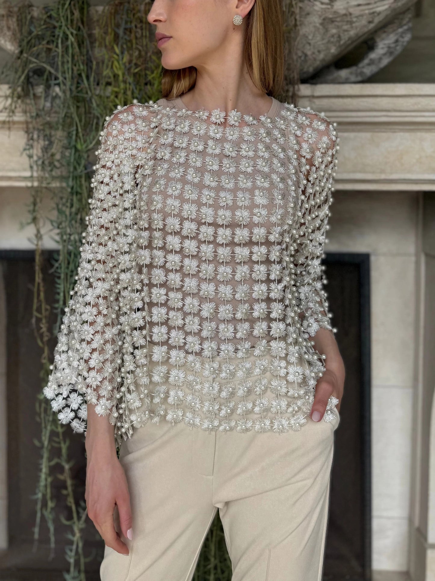 HOT SALE Women's Beaded Floral Cutout Long Sleeve Top Coverup