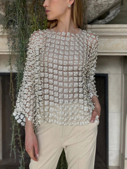 HOT SALE Women's Beaded Floral Cutout Long Sleeve Top Coverup