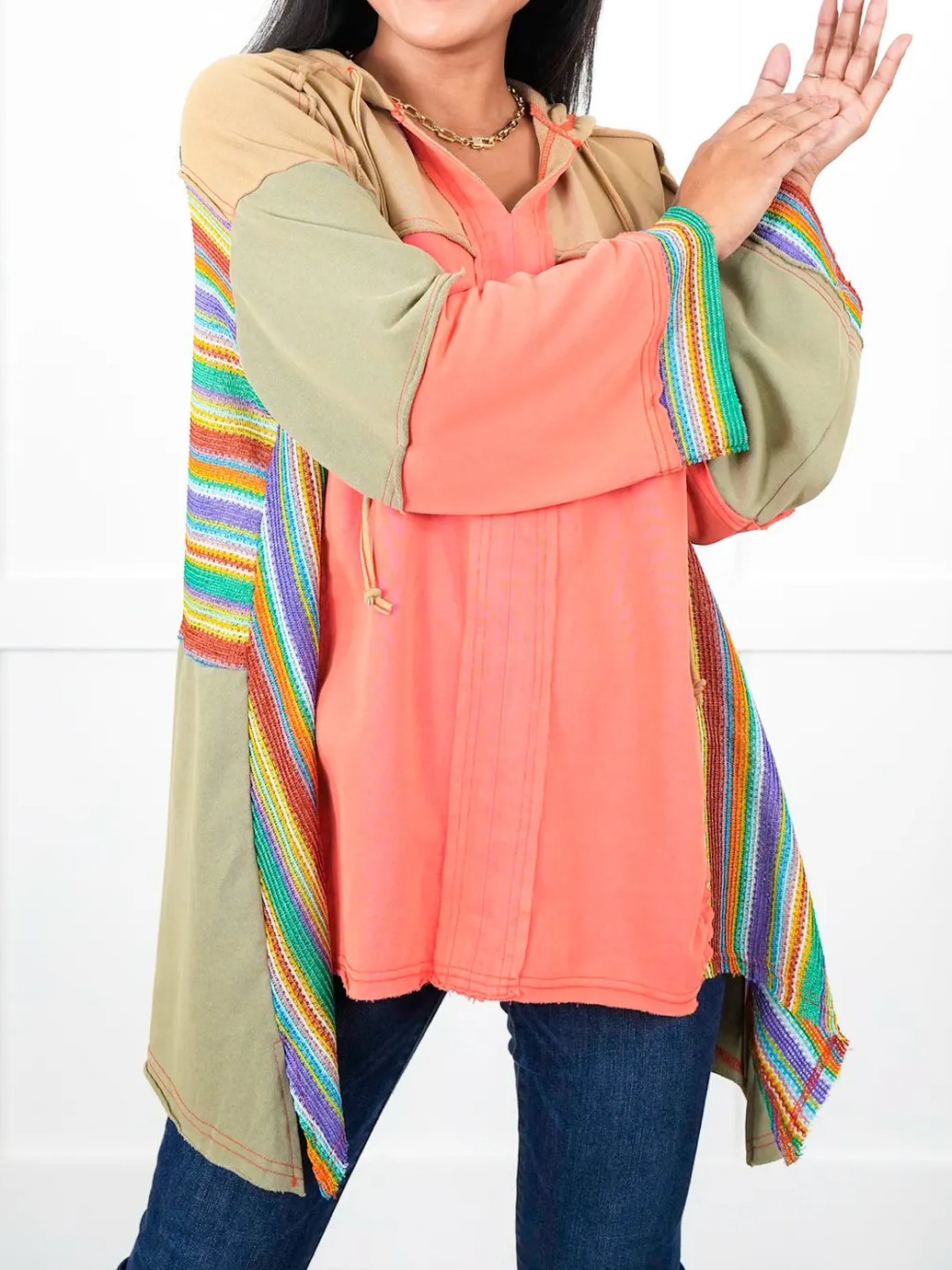 Hot Sale Colorblock Long Sleeve Top with Rainbow Crochet Details