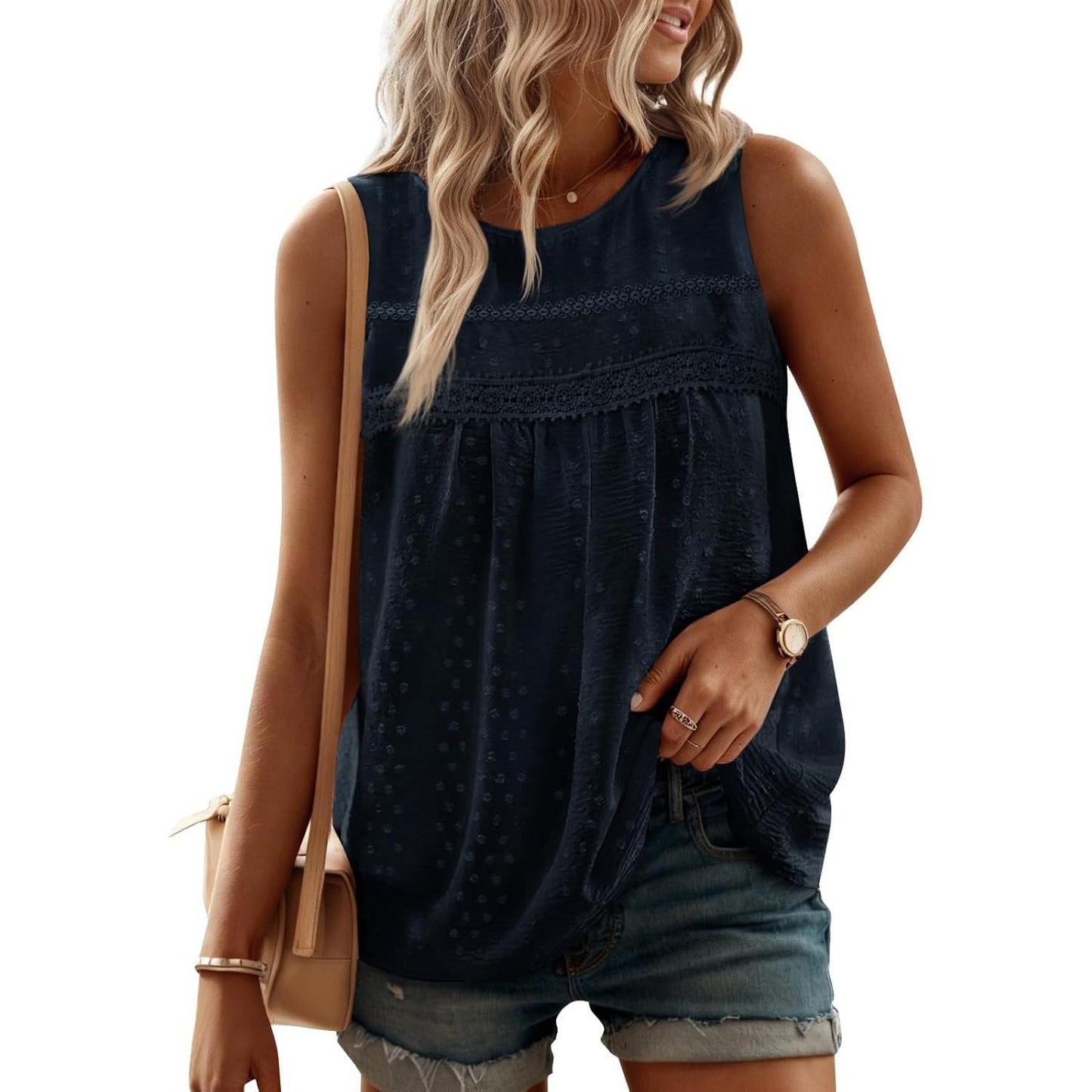 Womens Crewneck Sleeveless Flowy Lace Hem Tank Tops