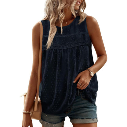 Womens Crewneck Sleeveless Flowy Lace Hem Tank Tops