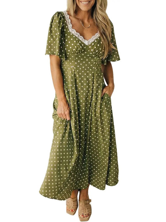 HOT SALE Women's Polka Dot Lacy Neckline Smocked High Waist Maxi Dress
