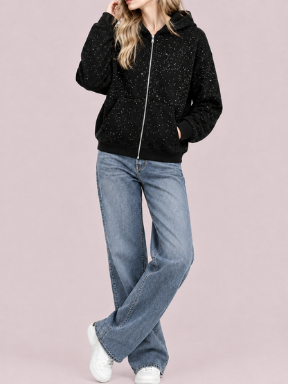 Hot Sale-Glitter Speckled Zip Up Hooded Jacket