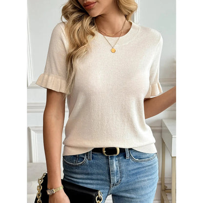 Women's Crew Neck Ruffle Short Sleeve Knit Top