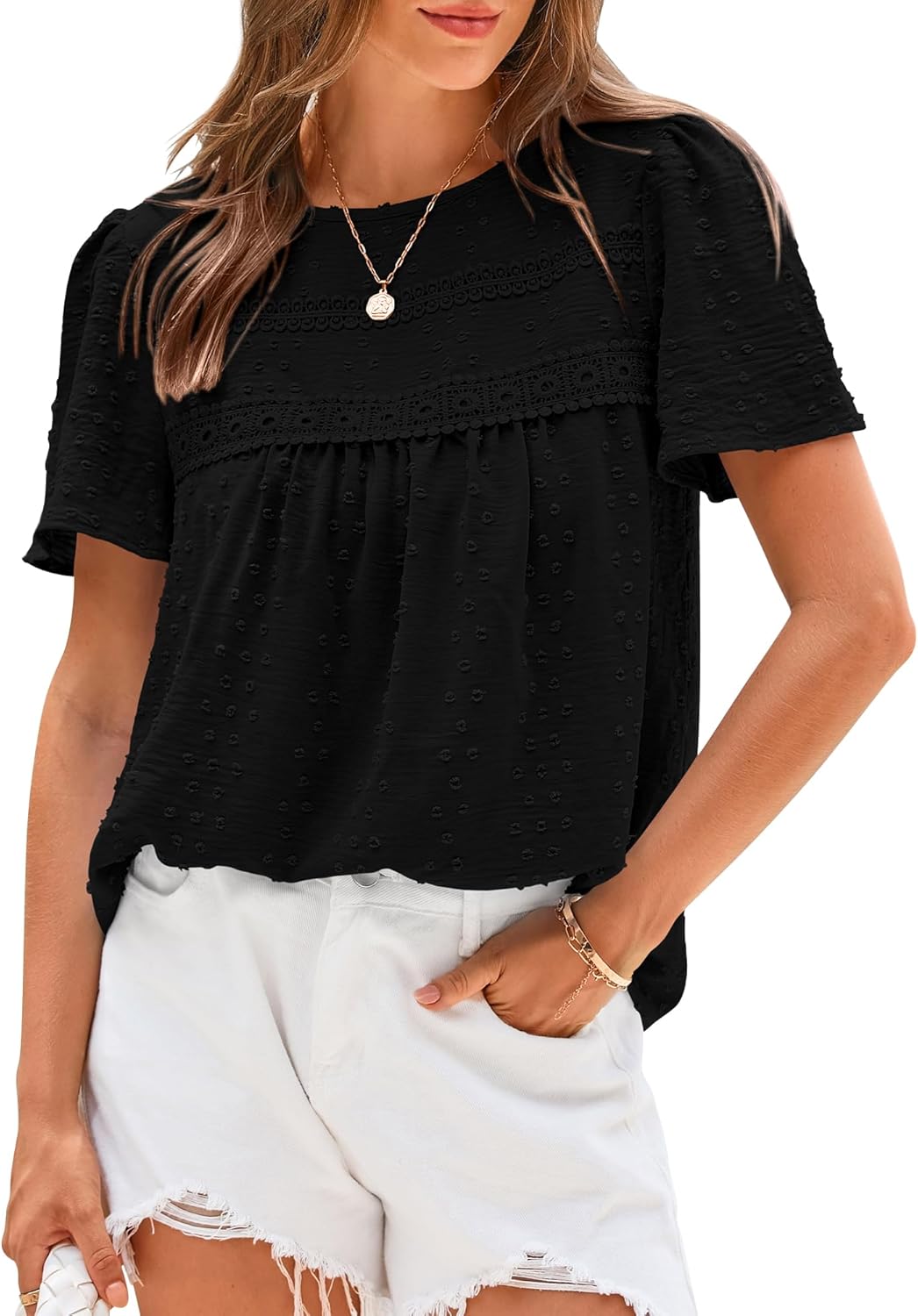 ✨Women's Swiss Dot Lace Crochet Crewneck Boho Short Sleeves