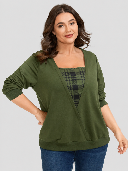 💖Plaid Spliced Fake Two Piece Square Neck Long Sleeve Top