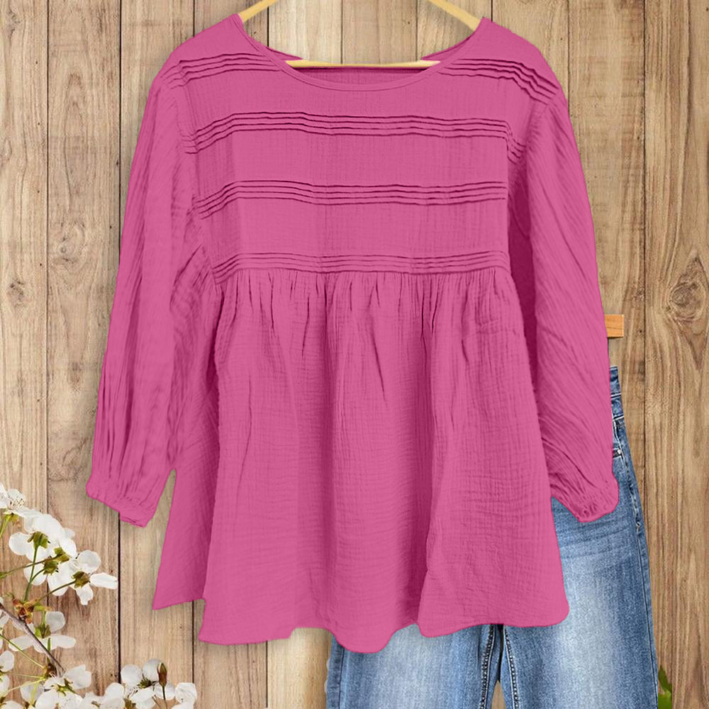 Women's 3/4 Puff Sleeve Blouse with Ruffled Cuffs & Pleated Details