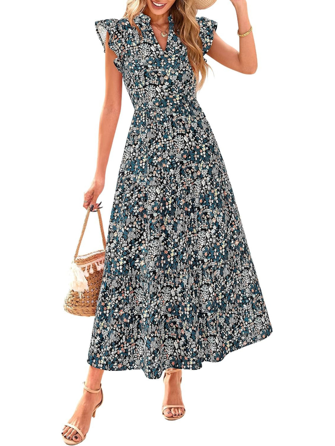 ⏰Hot Sale-Women's Boho Print V Neck Ruffle Maxi Dress