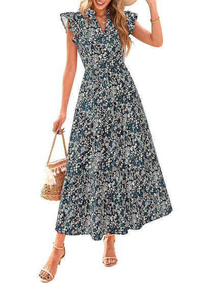 ⏰Hot Sale-Women's Boho Print V Neck Ruffle Maxi Dress