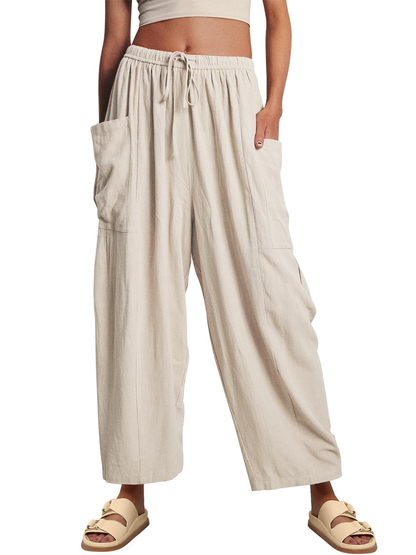 Oversized Side Pocket Wide Leg Cropped Pants Drawstring Vacation Summer Trousers