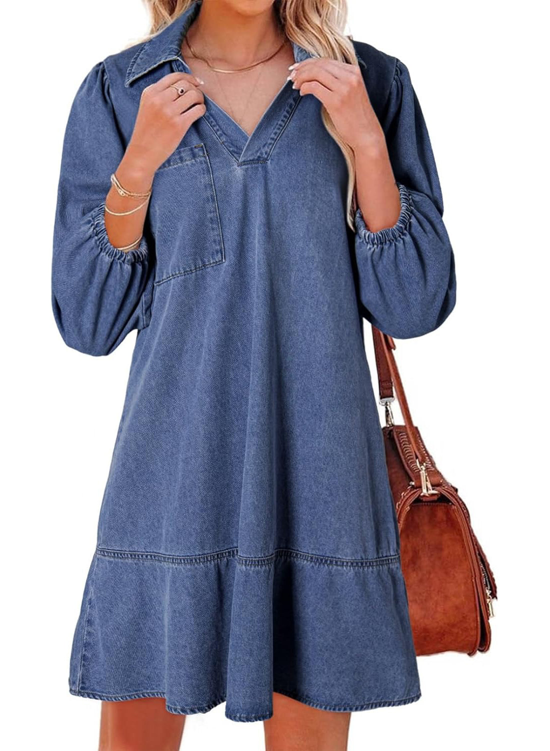 ⏰Hot Sale-Women's V-neck Puff Sleeve Denim Layered Dress