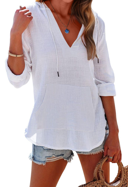✨Women's Long Sleeve V Neck Pocketed Hooded Shirt Top