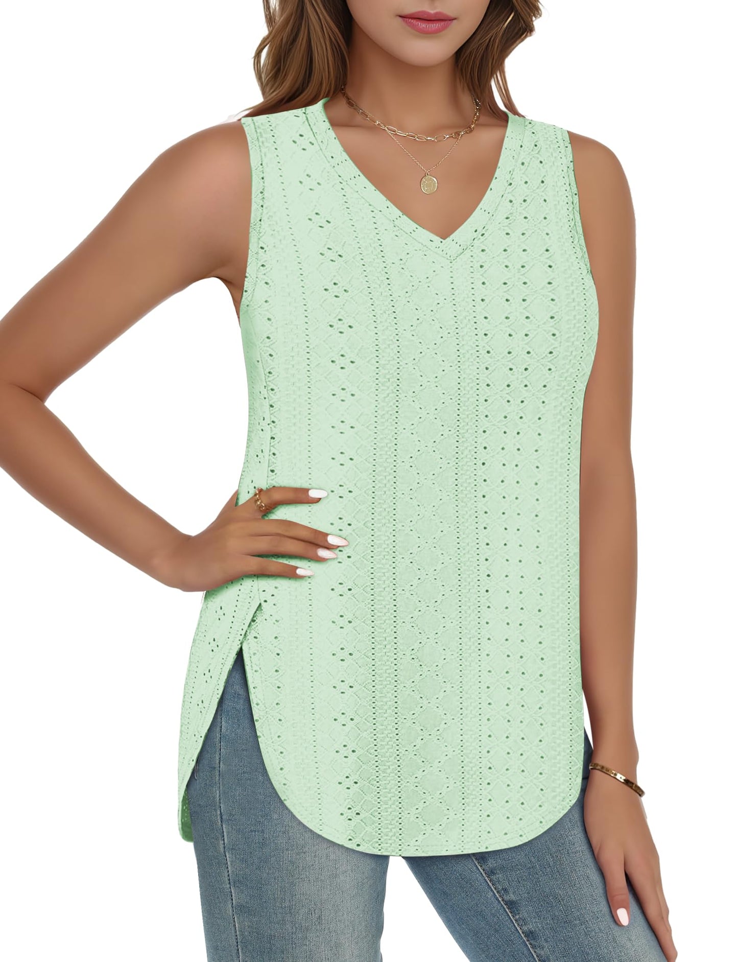 ✨ Womens V Neck Eyelet Embroidery Casaul Sleeveless Shirts