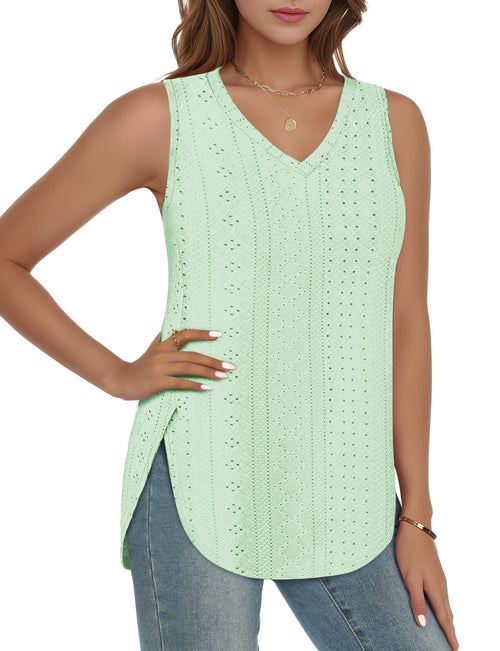 ✨ Womens V Neck Eyelet Embroidery Casaul Sleeveless Shirts