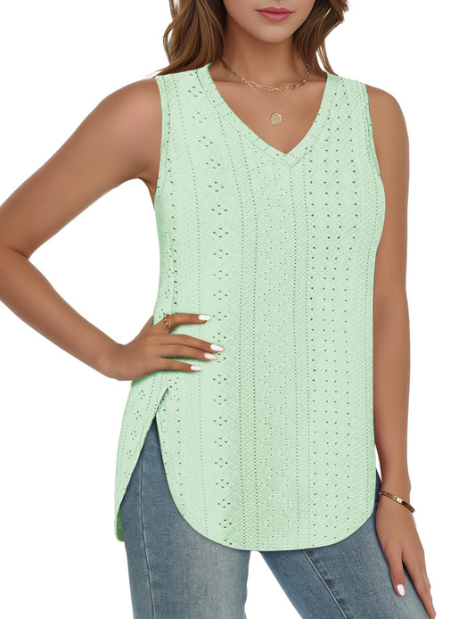 ✨ Womens V Neck Eyelet Embroidery Casaul Sleeveless Shirts