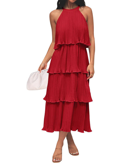 ⏰Hot Sale-Women's Summer Halter Neck Ruffle Tiered Layered Chiffon Flowy Swing Midi Dress