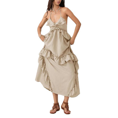 Women Sleeveless Halter Dress Backless Ruffled Summer Swing Dress