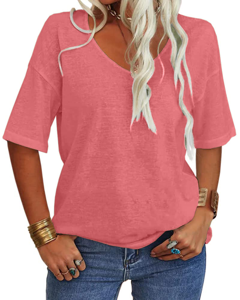 ⏰Hot Sale-Women's V-Neck Half Sleeves Oversized T-shirt Solid Basic Tops