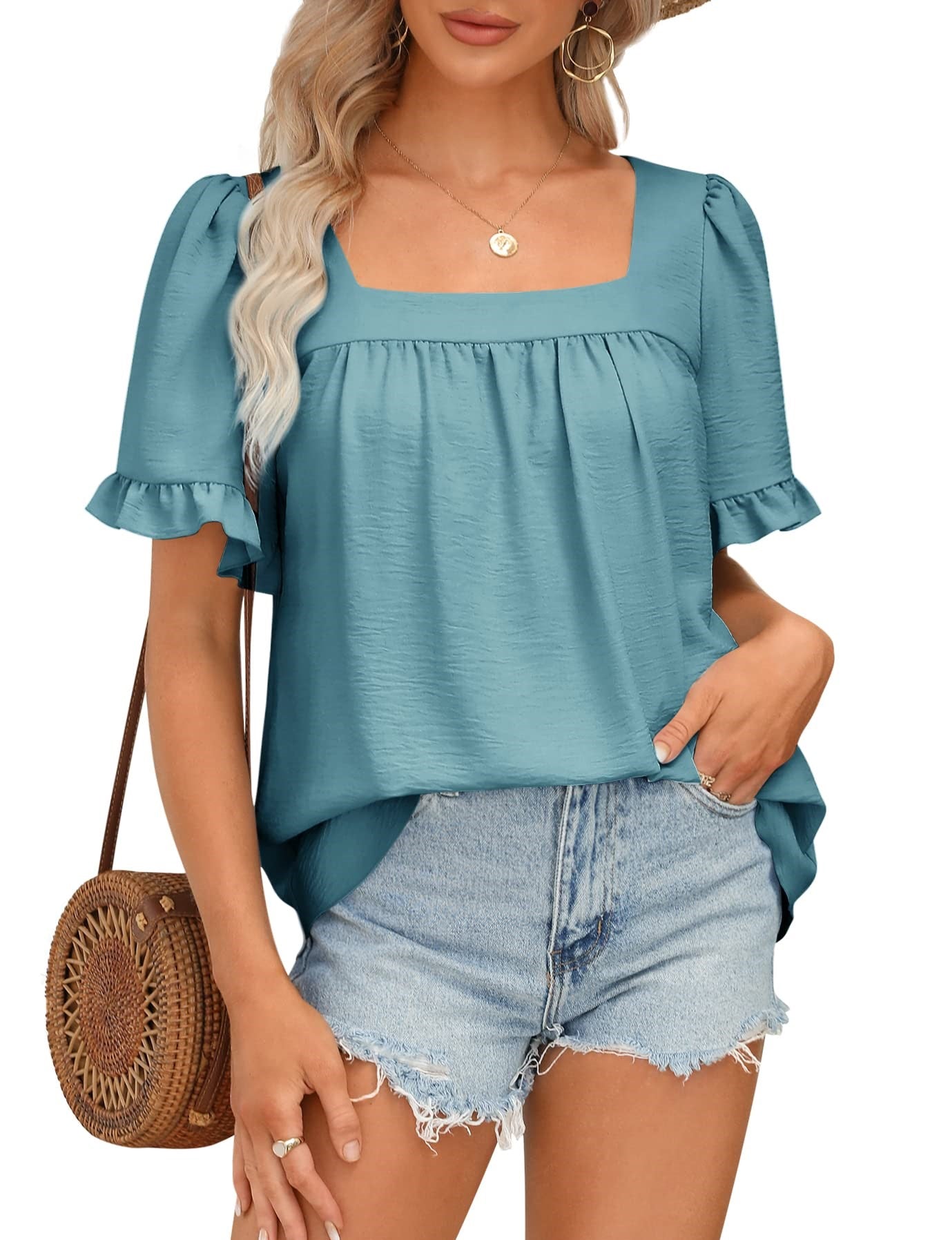 Women's Sqaure Neck Ruffle Sleeve Blouses Peplum Tops