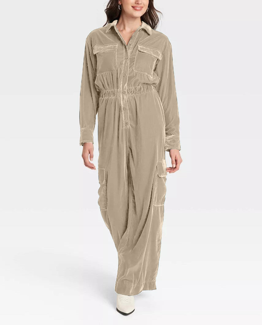 Women's Long Sleeve Velvet Overalls