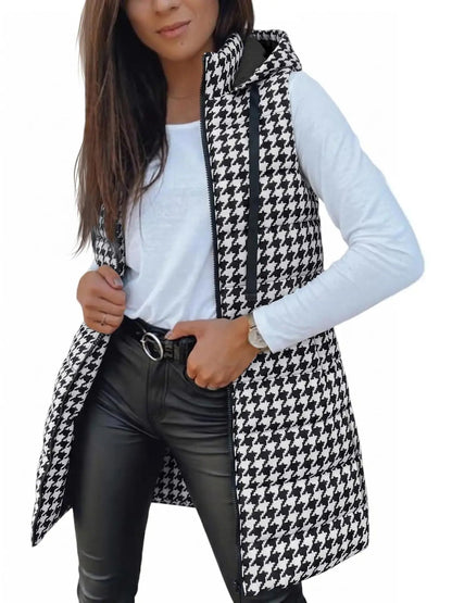 Women Long Hooded Sleeveless Vest With Side Pockets