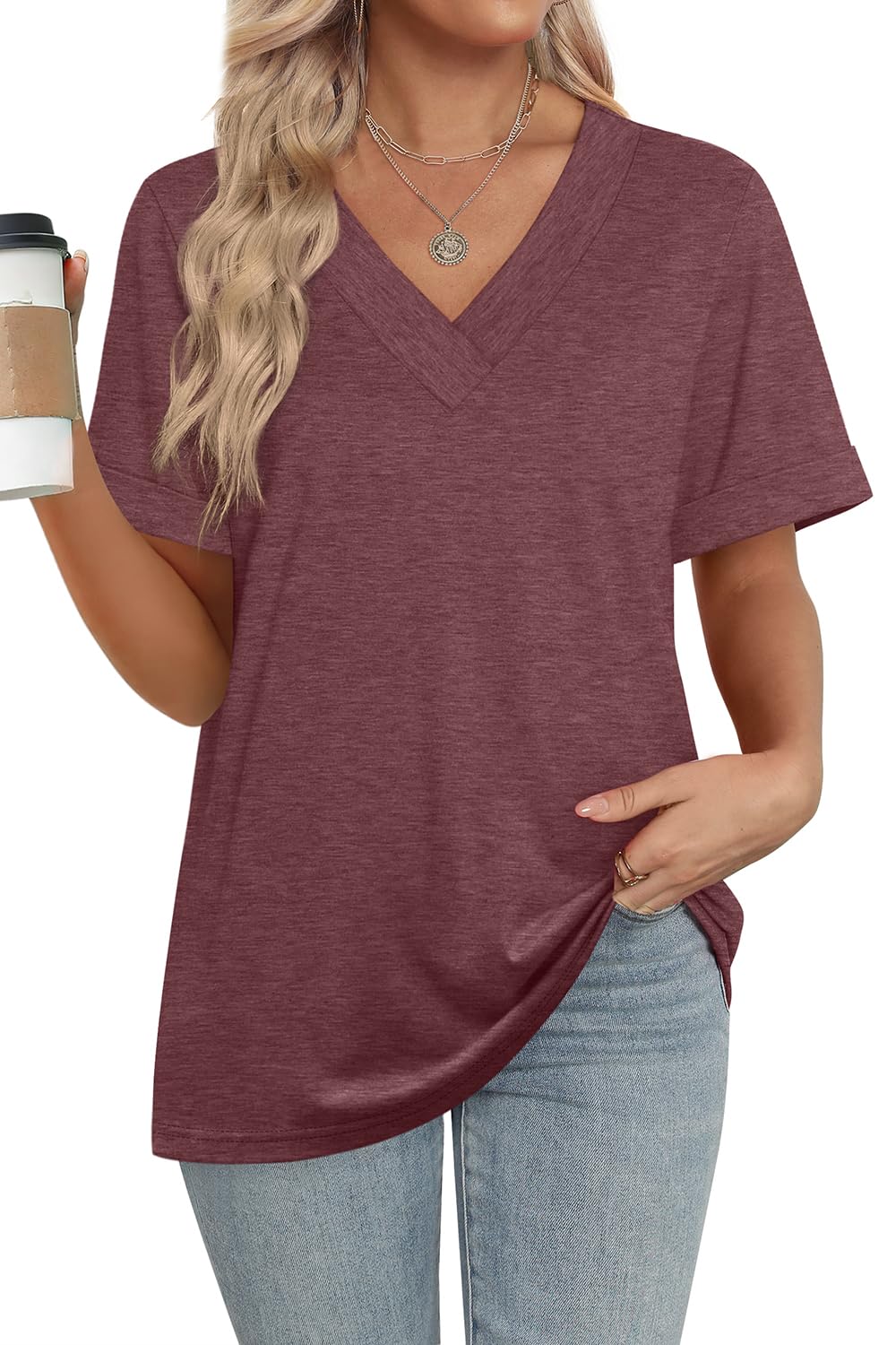 ✨women's Summer Tops Short Sleeve Basic Casual V Neck T Shirts