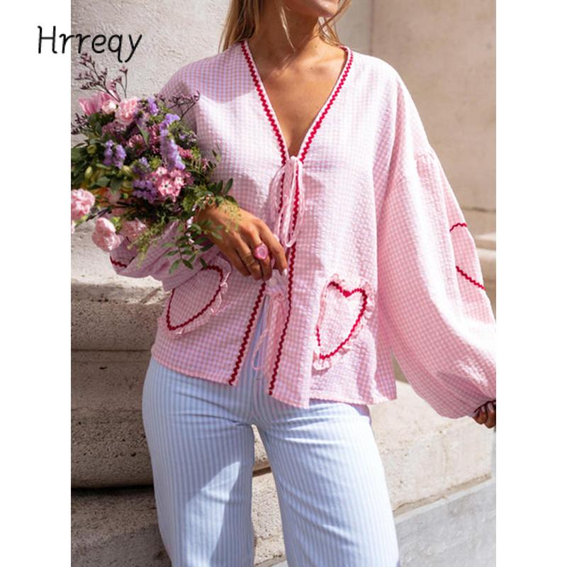 ⏰Hot Sale-Women Long Sleeve Shirts Heart Embroidery Plaid Front Bowknot Tie-Up Blouses