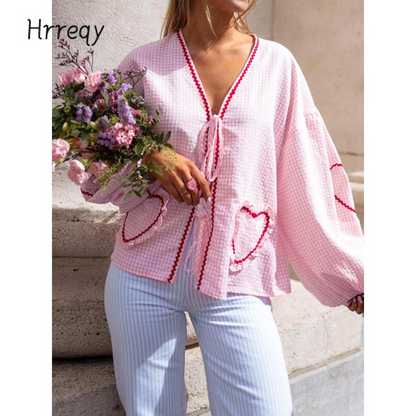 ⏰Hot Sale-Women Long Sleeve Shirts Heart Embroidery Plaid Front Bowknot Tie-Up Blouses